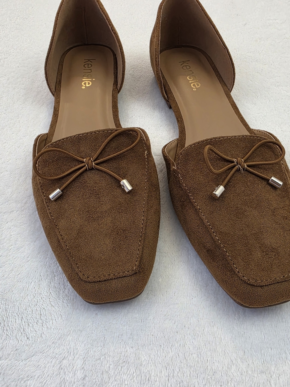 Kensie Brown Suede Flats Womens 8.5 Pointed Toe D’Orsay Slip On Bow Detail - Picture 2 of 6
